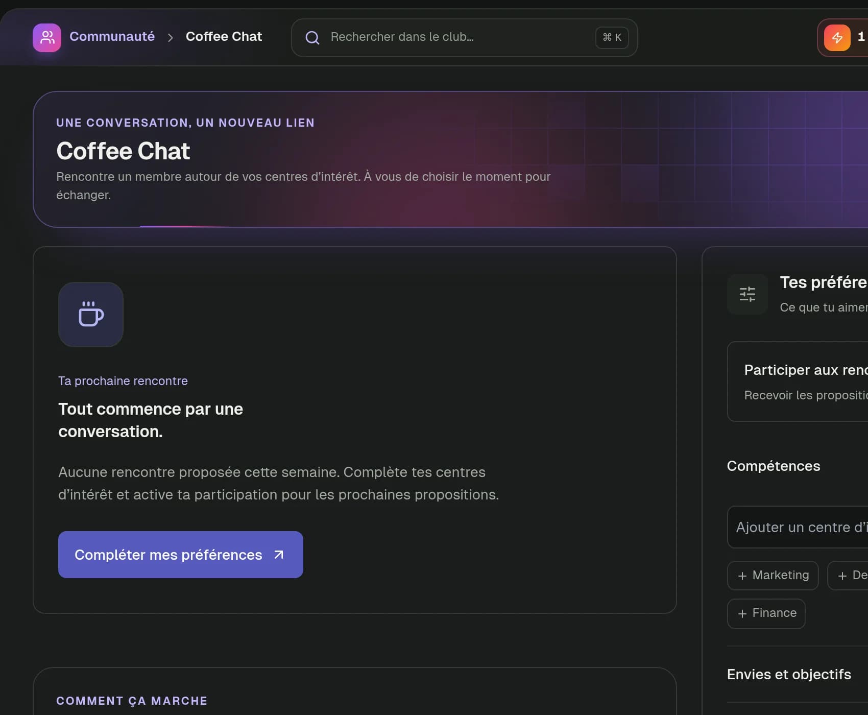 Screenshot of the Coffee Chat page of the HVC platform