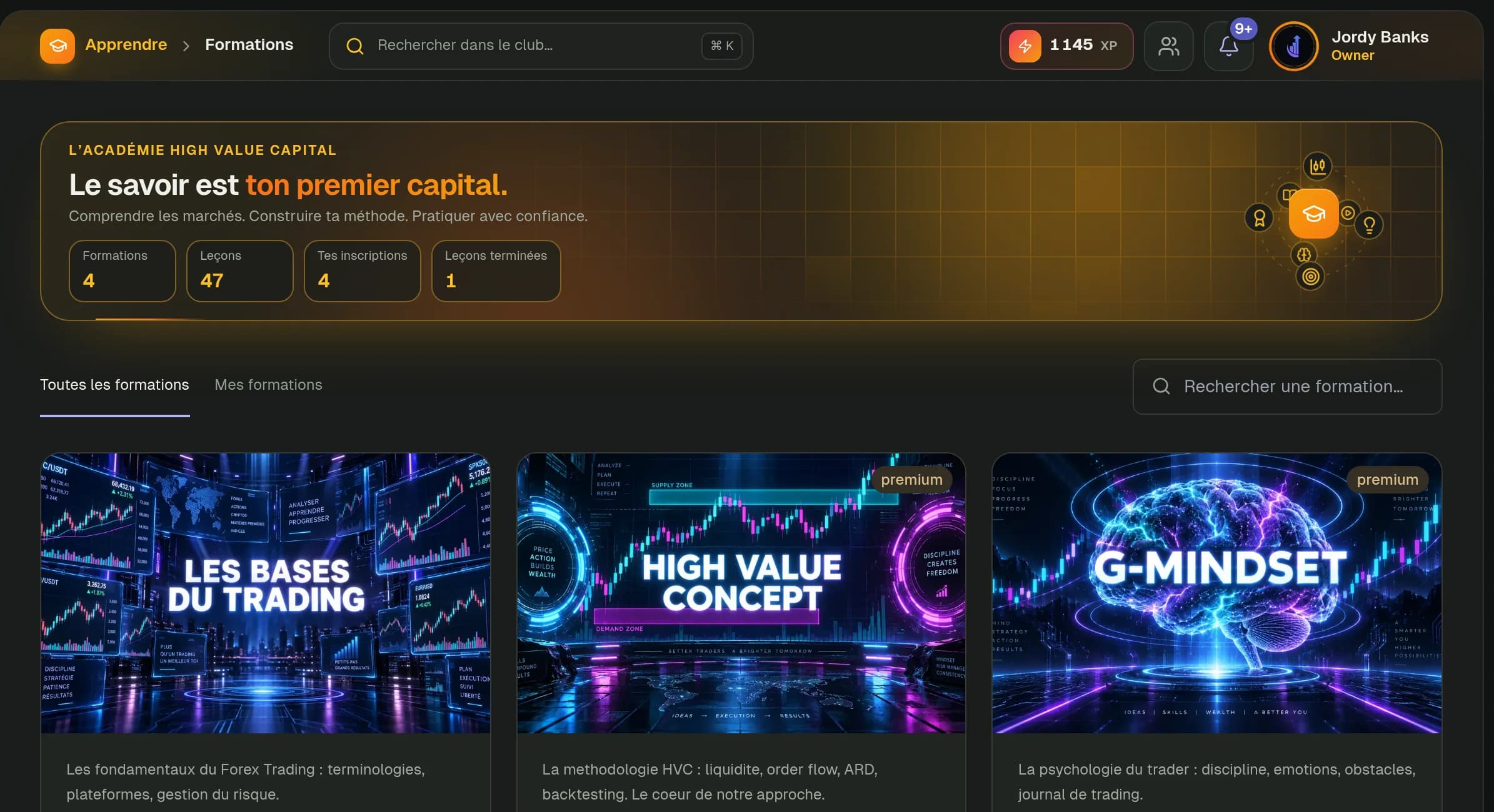 Screenshot of the Courses page of the HVC platform